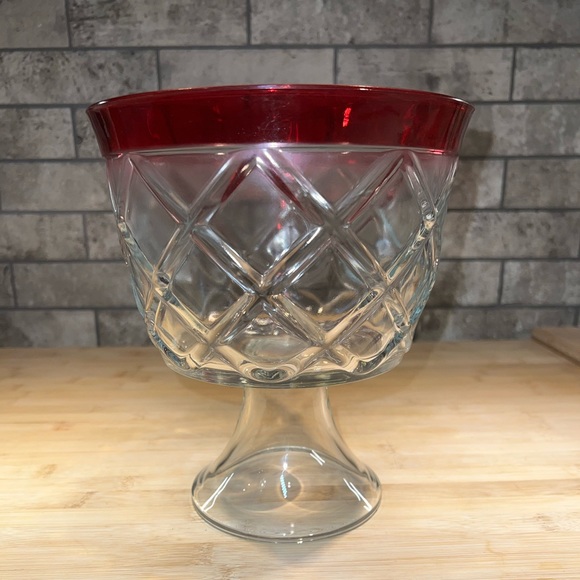 Indiana Glass Dining Vintage Clear Glass Red Rim Compote Trifle